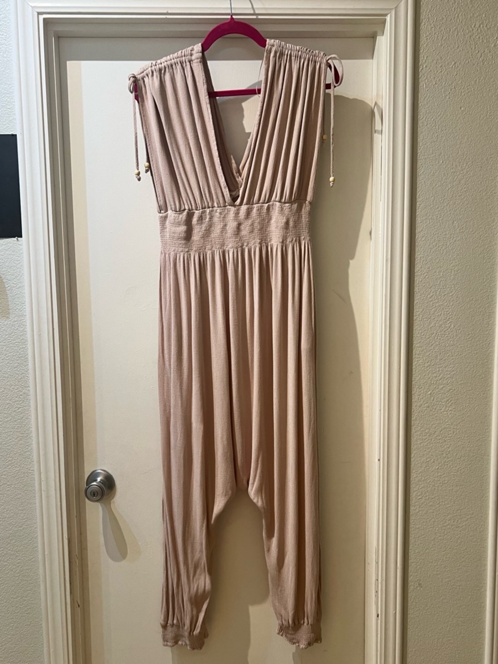 MARBLE Blush Beige V-Neck Smocked Waist Jumpsuit